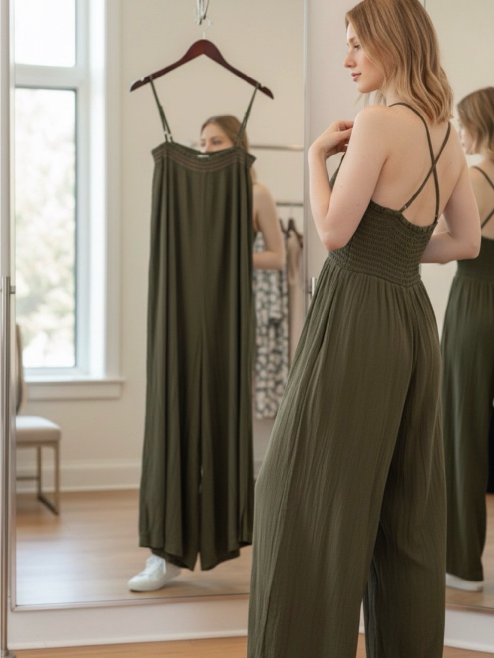 Olive Green Wide-Leg Jumpsuit with Vintage Necklace